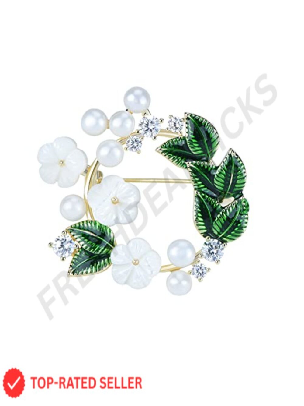 Gold Plated Brass Cubic Zirconia Pearl Wreath Brooch Pin for Wedding Party